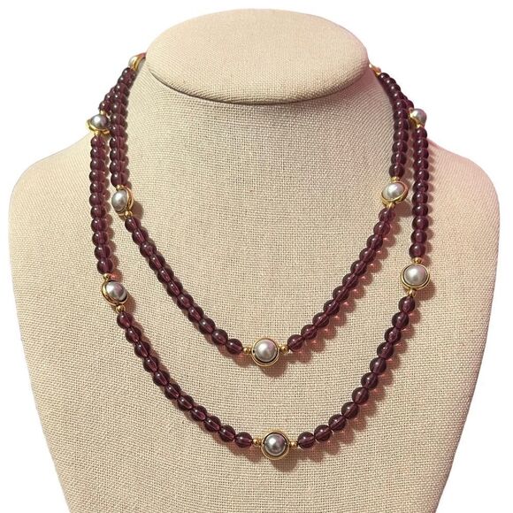 ⭐️3/$25⭐️ Purple Lucite Gold And Pearl Station Long Necklace - Picture 1 of 2